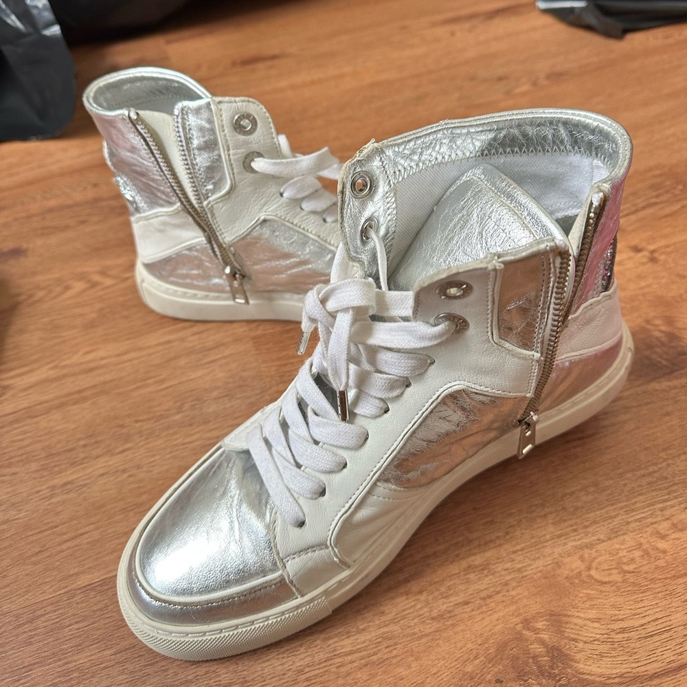 Zadig & Voltaire Metallic Silver and White Sneakers